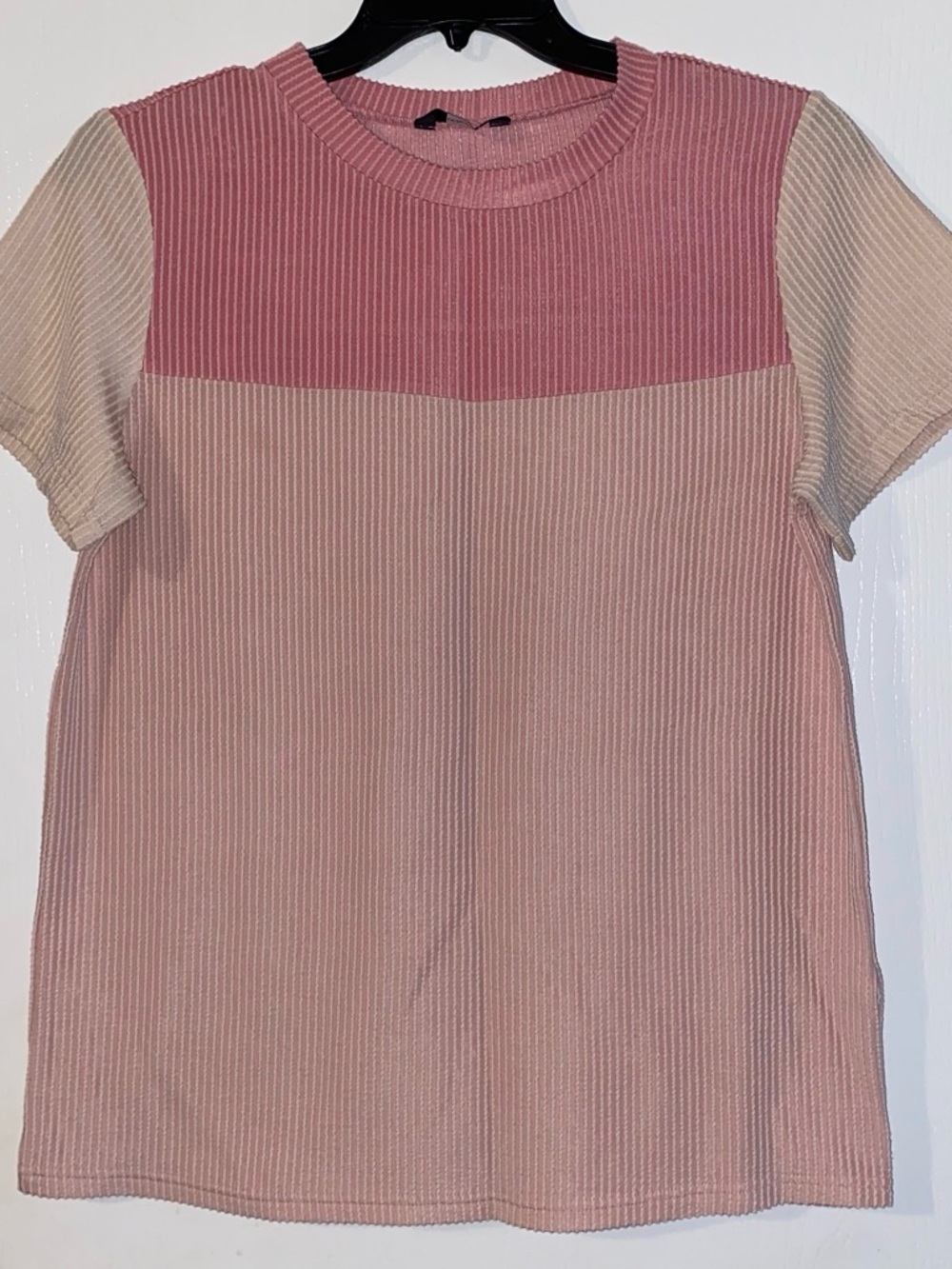 Colorblock Ribbed Short Sleeve Top - Pink & Cream